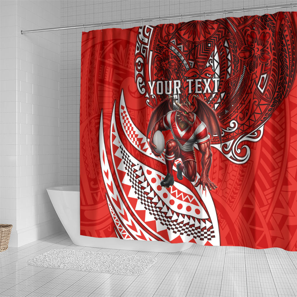 Personalised St George Illawarra Dragons Shower Curtain Polynesian Tribal Art Style With Fierce Red Dragon Mascot