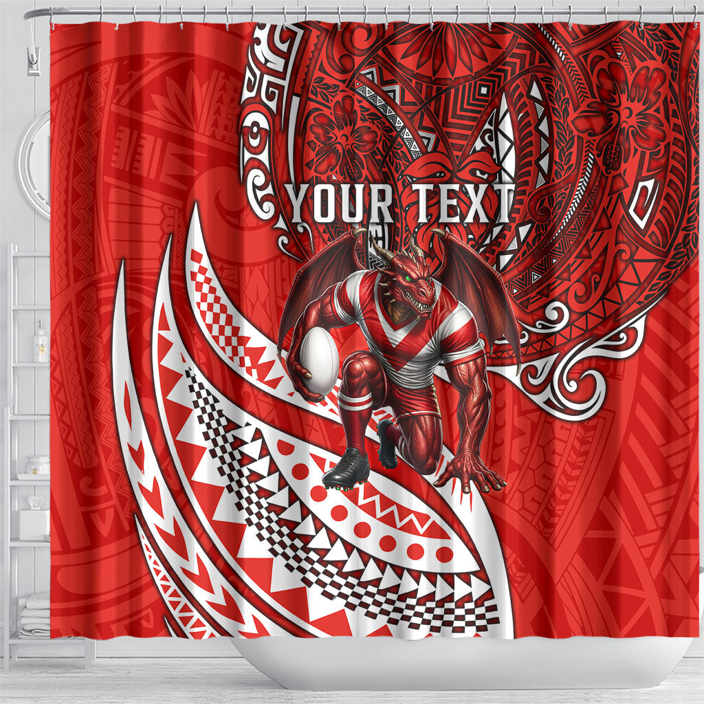 Personalised St George Illawarra Dragons Shower Curtain Polynesian Tribal Art Style With Fierce Red Dragon Mascot