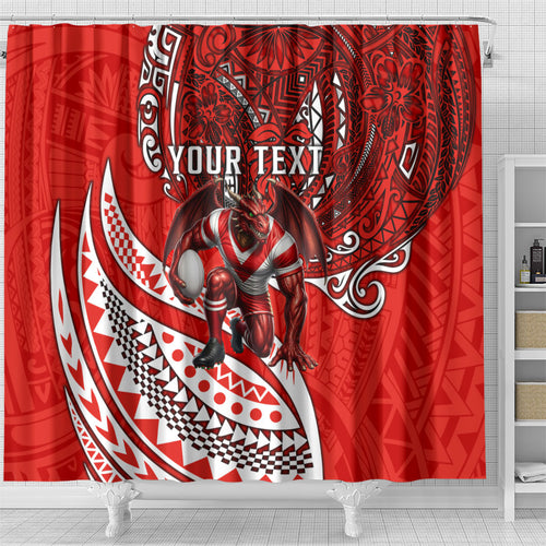 Personalised St George Illawarra Dragons Shower Curtain Polynesian Tribal Art Style With Fierce Red Dragon Mascot