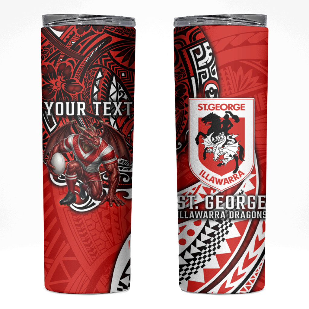 Personalised St George Illawarra Dragons Skinny Tumbler Polynesian Tribal Art Style With Fierce Red Dragon Mascot