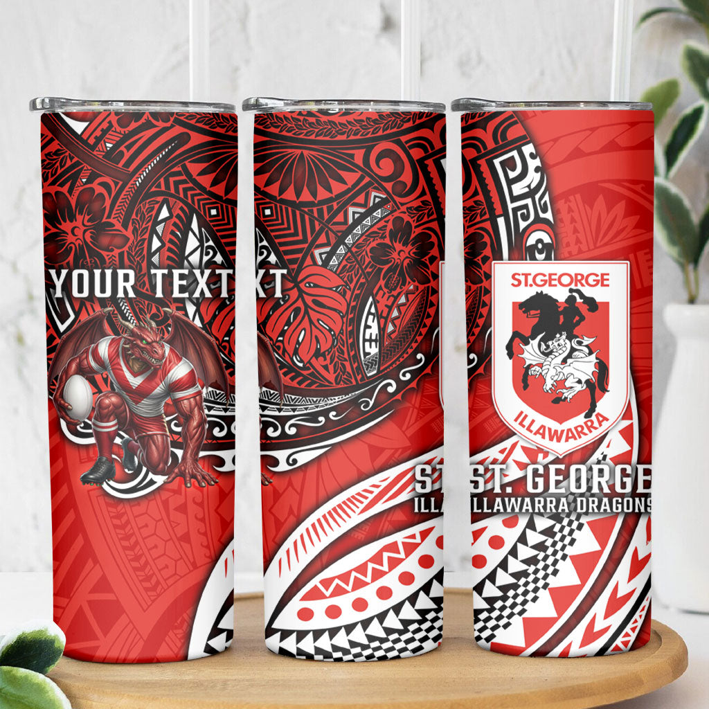 Personalised St George Illawarra Dragons Skinny Tumbler Polynesian Tribal Art Style With Fierce Red Dragon Mascot