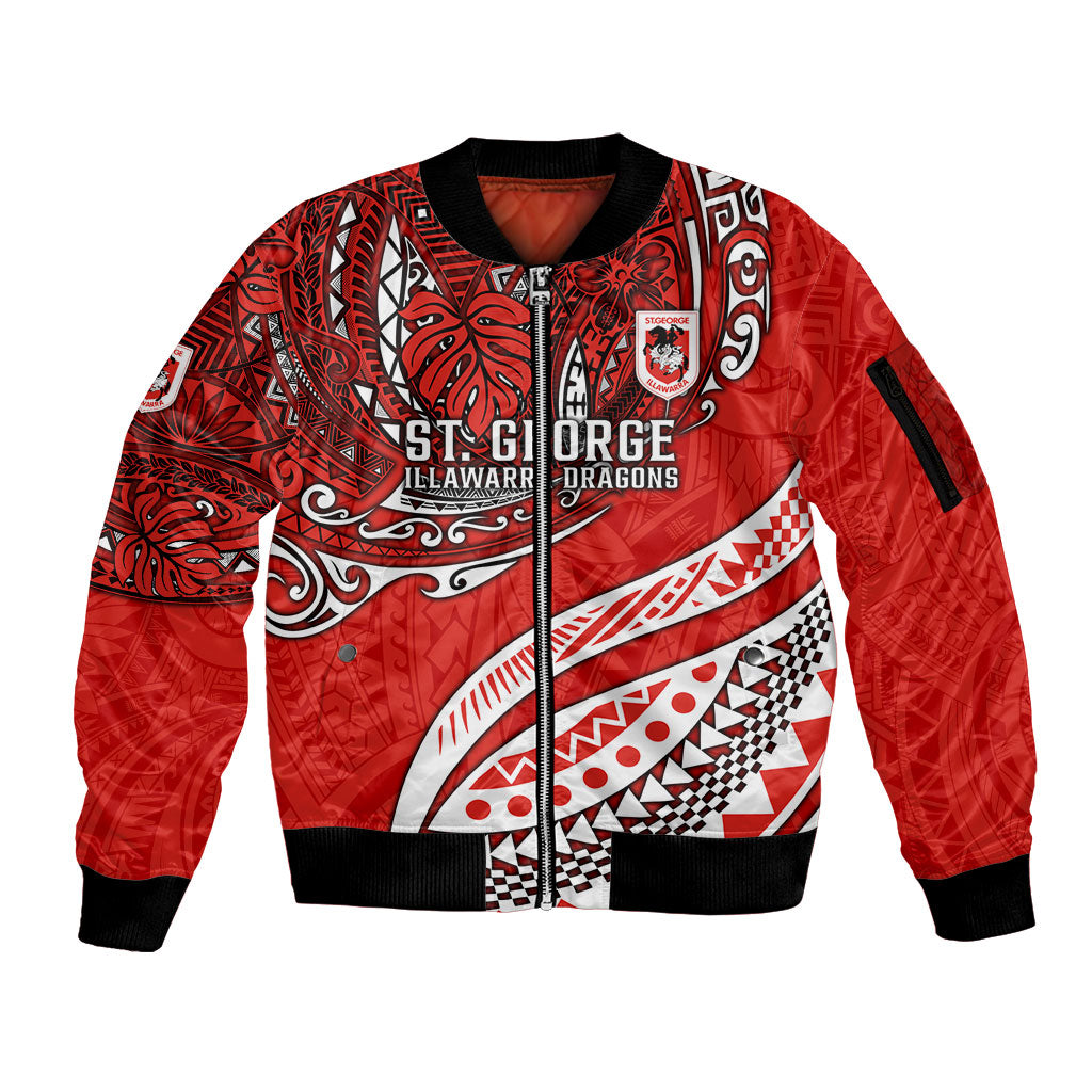 Personalised St George Illawarra Dragons Sleeve Zip Bomber Jacket Polynesian Tribal Art Style With Fierce Red Dragon Mascot
