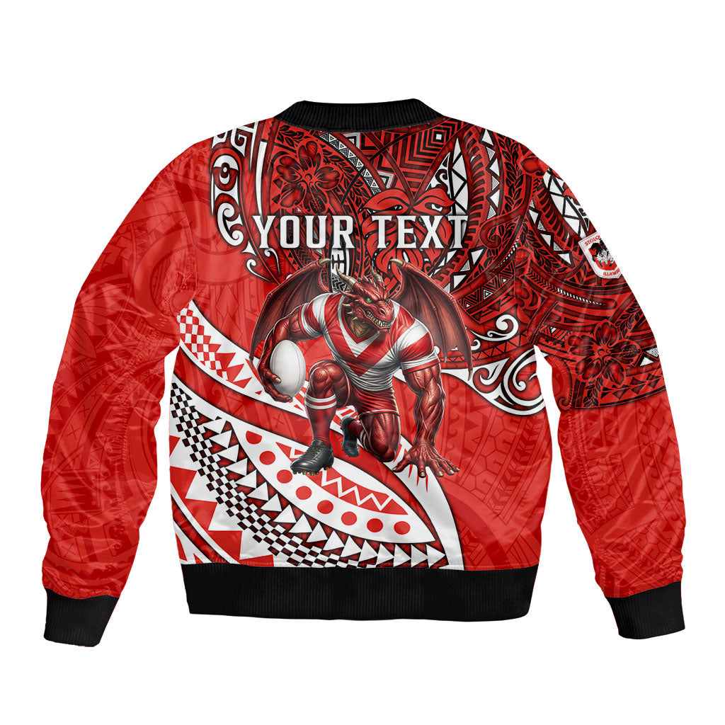 Personalised St George Illawarra Dragons Sleeve Zip Bomber Jacket Polynesian Tribal Art Style With Fierce Red Dragon Mascot