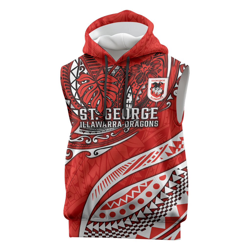 Personalised St George Illawarra Dragons Sleeveless Hoodie Polynesian Tribal Art Style With Fierce Red Dragon Mascot