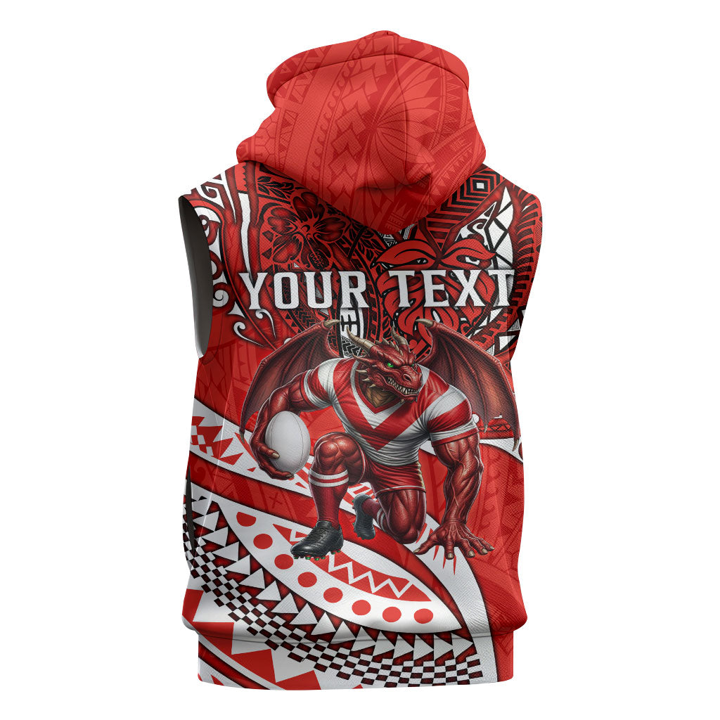 Personalised St George Illawarra Dragons Sleeveless Hoodie Polynesian Tribal Art Style With Fierce Red Dragon Mascot