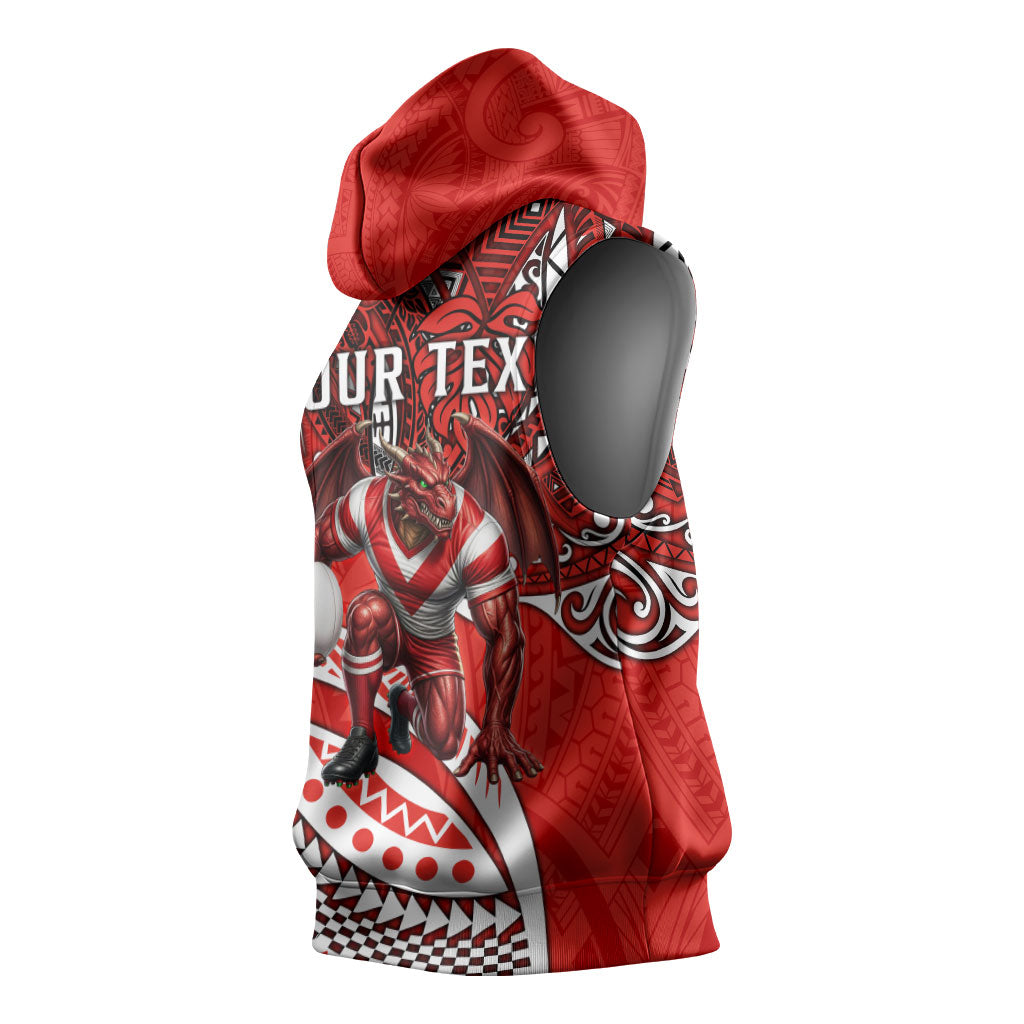 Personalised St George Illawarra Dragons Sleeveless Hoodie Polynesian Tribal Art Style With Fierce Red Dragon Mascot