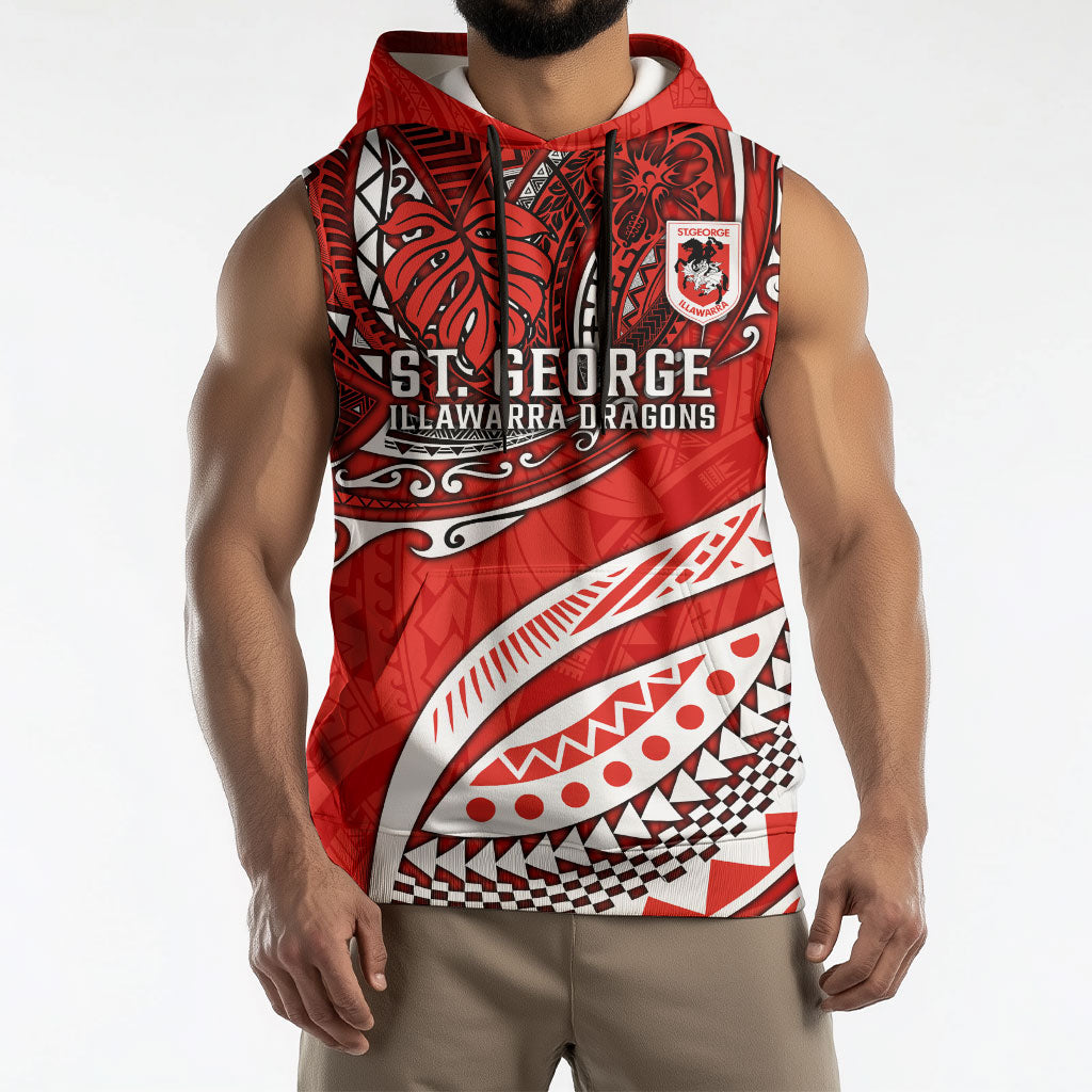 Personalised St George Illawarra Dragons Sleeveless Hoodie Polynesian Tribal Art Style With Fierce Red Dragon Mascot