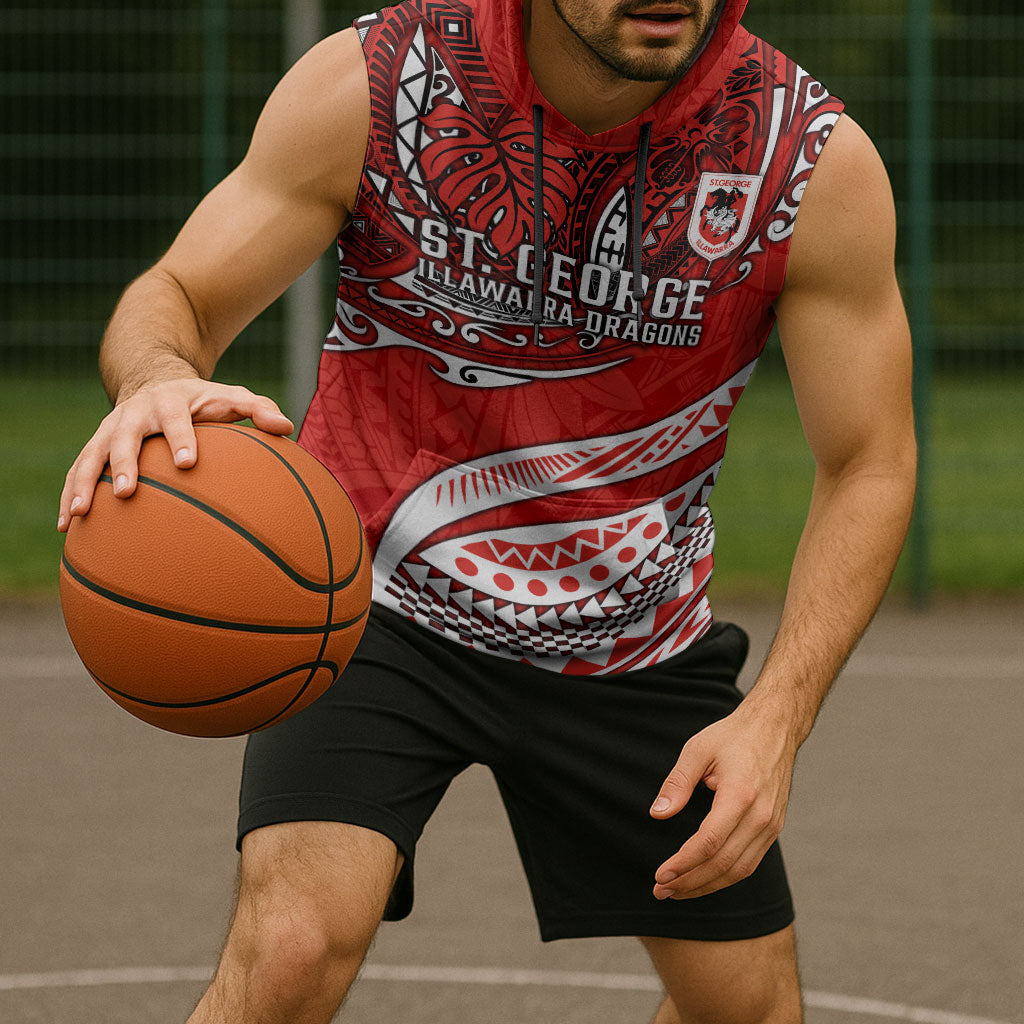 Personalised St George Illawarra Dragons Sleeveless Hoodie Polynesian Tribal Art Style With Fierce Red Dragon Mascot