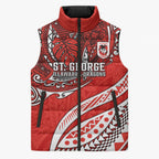 Personalised St George Illawarra Dragons Sleeveless Puffer Jacket Polynesian Tribal Art Style With Fierce Red Dragon Mascot