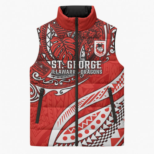 Personalised St George Illawarra Dragons Sleeveless Puffer Jacket Polynesian Tribal Art Style With Fierce Red Dragon Mascot