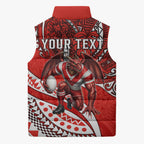 Personalised St George Illawarra Dragons Sleeveless Puffer Jacket Polynesian Tribal Art Style With Fierce Red Dragon Mascot