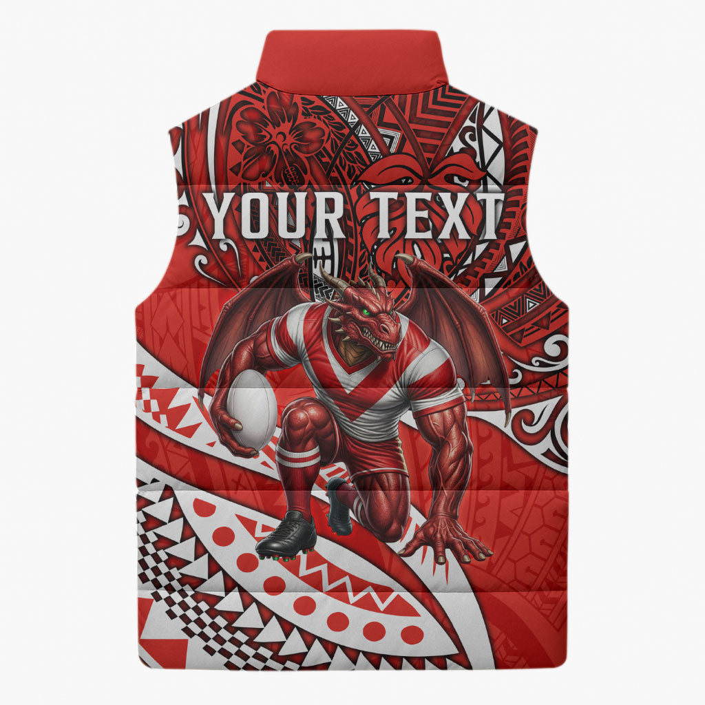 Personalised St George Illawarra Dragons Sleeveless Puffer Jacket Polynesian Tribal Art Style With Fierce Red Dragon Mascot