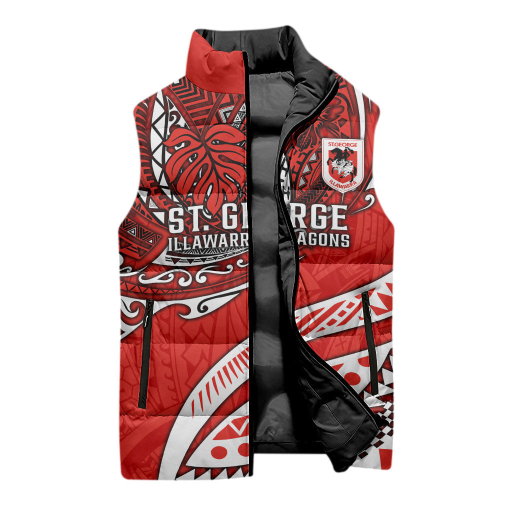 Personalised St George Illawarra Dragons Sleeveless Puffer Jacket Polynesian Tribal Art Style With Fierce Red Dragon Mascot