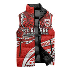 Personalised St George Illawarra Dragons Sleeveless Puffer Jacket Polynesian Tribal Art Style With Fierce Red Dragon Mascot