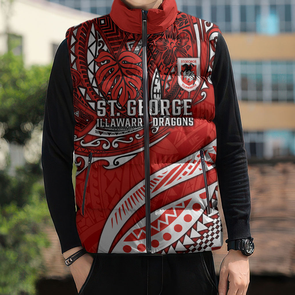 Personalised St George Illawarra Dragons Sleeveless Puffer Jacket Polynesian Tribal Art Style With Fierce Red Dragon Mascot