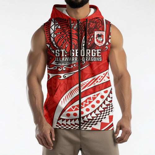 Personalised St George Illawarra Dragons Sleeveless Zip Hoodie Polynesian Tribal Art Style With Fierce Red Dragon Mascot