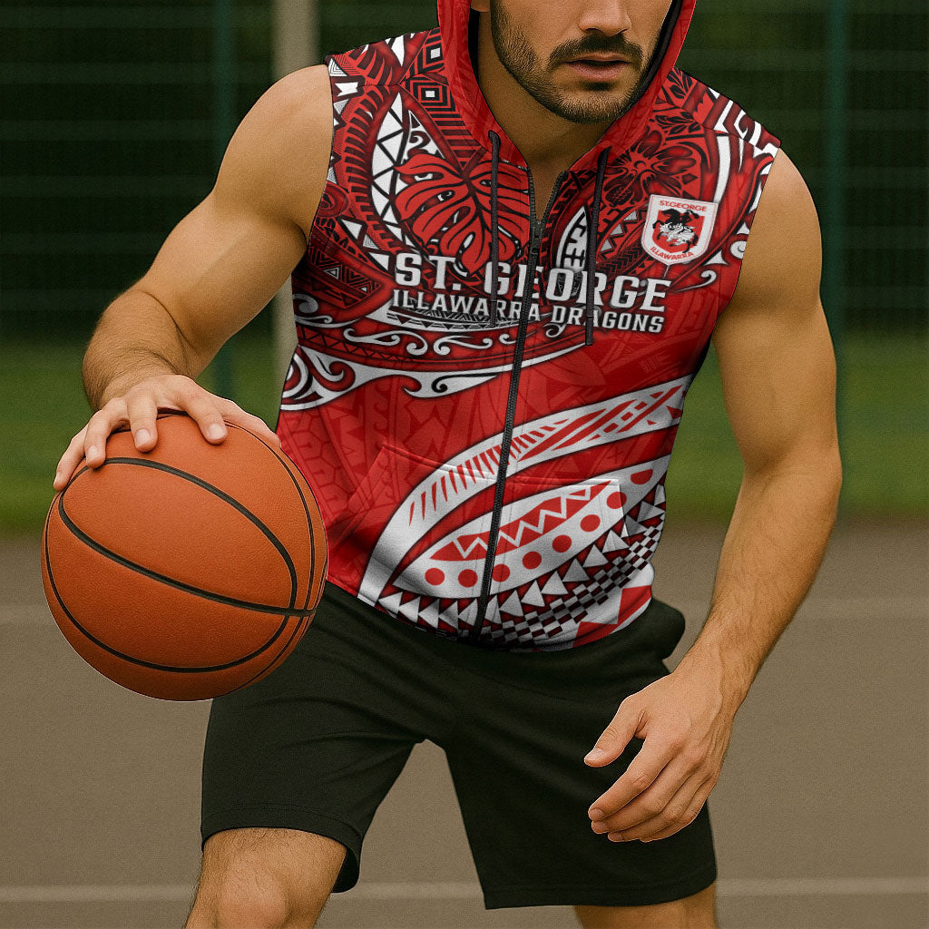 Personalised St George Illawarra Dragons Sleeveless Zip Hoodie Polynesian Tribal Art Style With Fierce Red Dragon Mascot