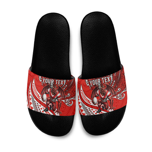 Personalised St George Illawarra Dragons Slide Sandals Polynesian Tribal Art Style With Fierce Red Dragon Mascot