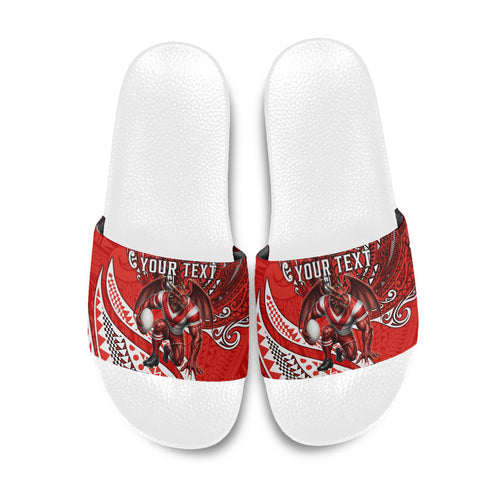 Personalised St George Illawarra Dragons Slide Sandals Polynesian Tribal Art Style With Fierce Red Dragon Mascot