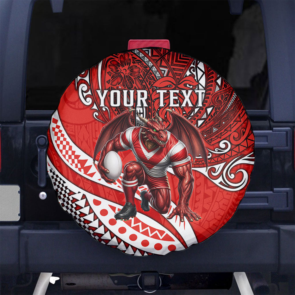 Personalised St George Illawarra Dragons Spare Tire Cover Polynesian Tribal Art Style With Fierce Red Dragon Mascot