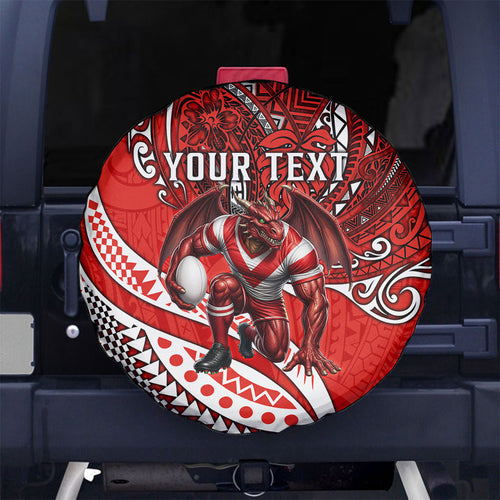 Personalised St George Illawarra Dragons Spare Tire Cover Polynesian Tribal Art Style With Fierce Red Dragon Mascot