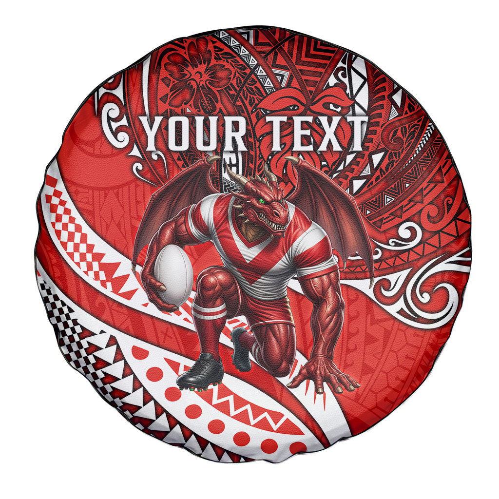 Personalised St George Illawarra Dragons Spare Tire Cover Polynesian Tribal Art Style With Fierce Red Dragon Mascot