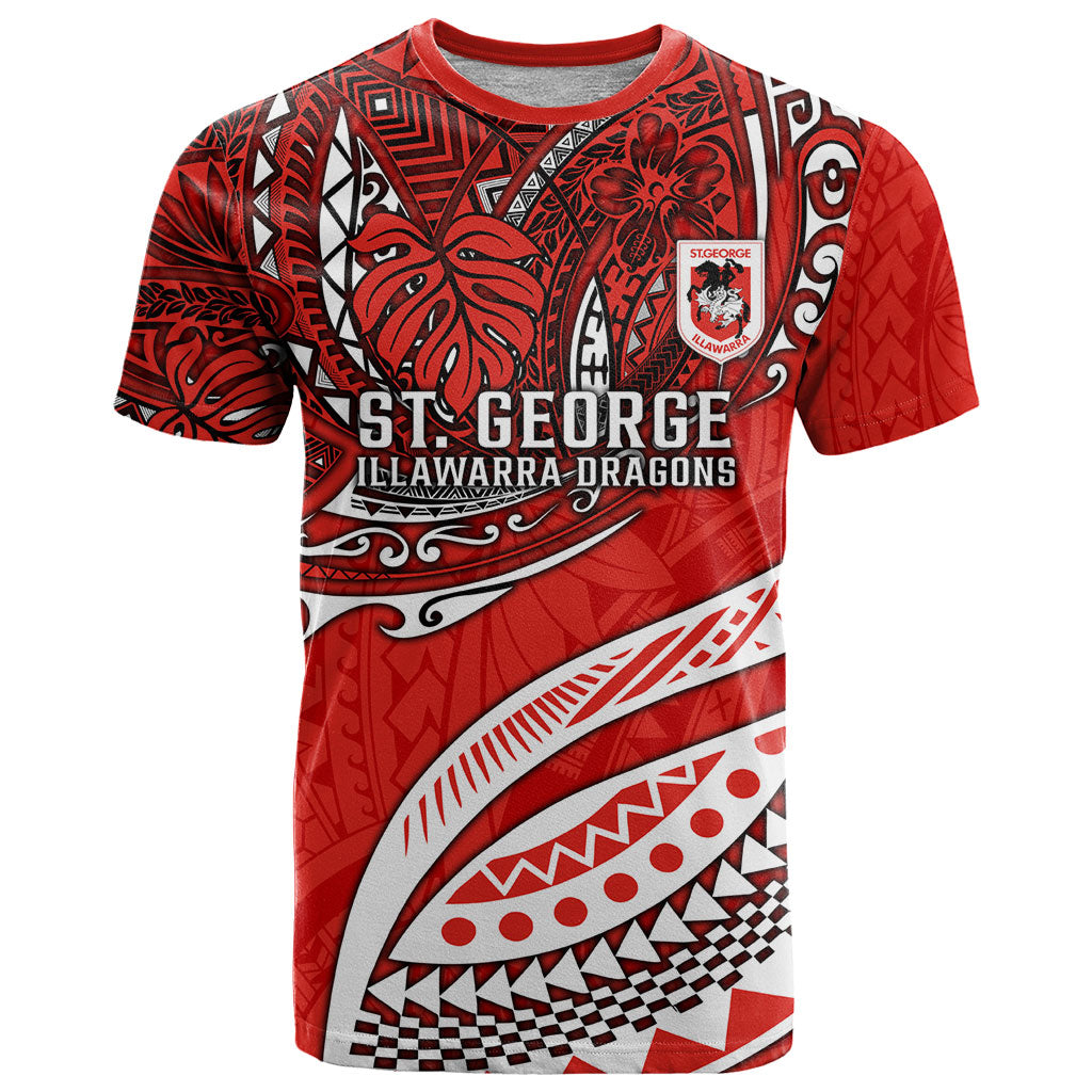 Personalised St George Illawarra Dragons T Shirt Polynesian Tribal Art Style With Fierce Red Dragon Mascot