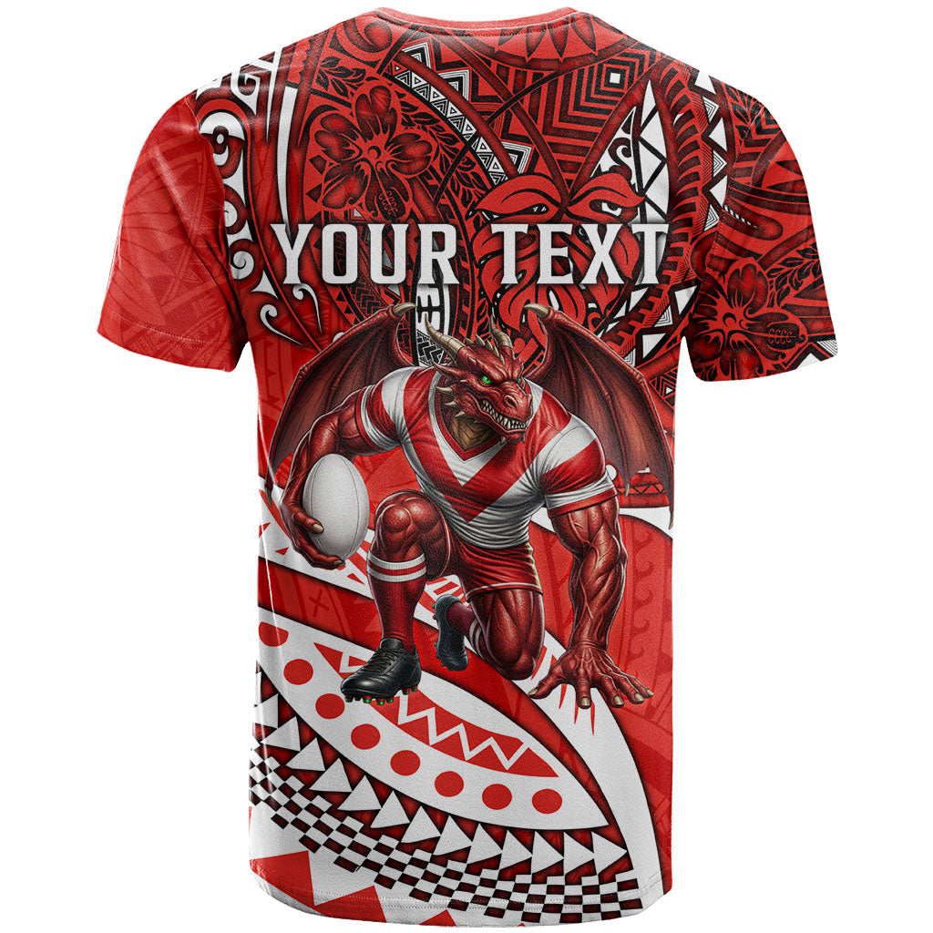 Personalised St George Illawarra Dragons T Shirt Polynesian Tribal Art Style With Fierce Red Dragon Mascot