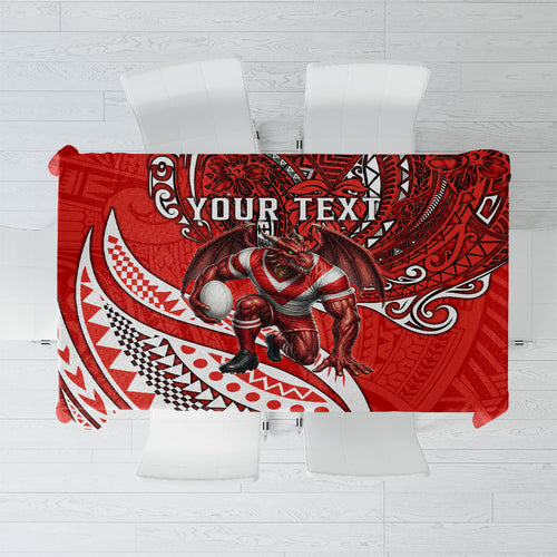 Personalised St George Illawarra Dragons Tablecloth Polynesian Tribal Art Style With Fierce Red Dragon Mascot