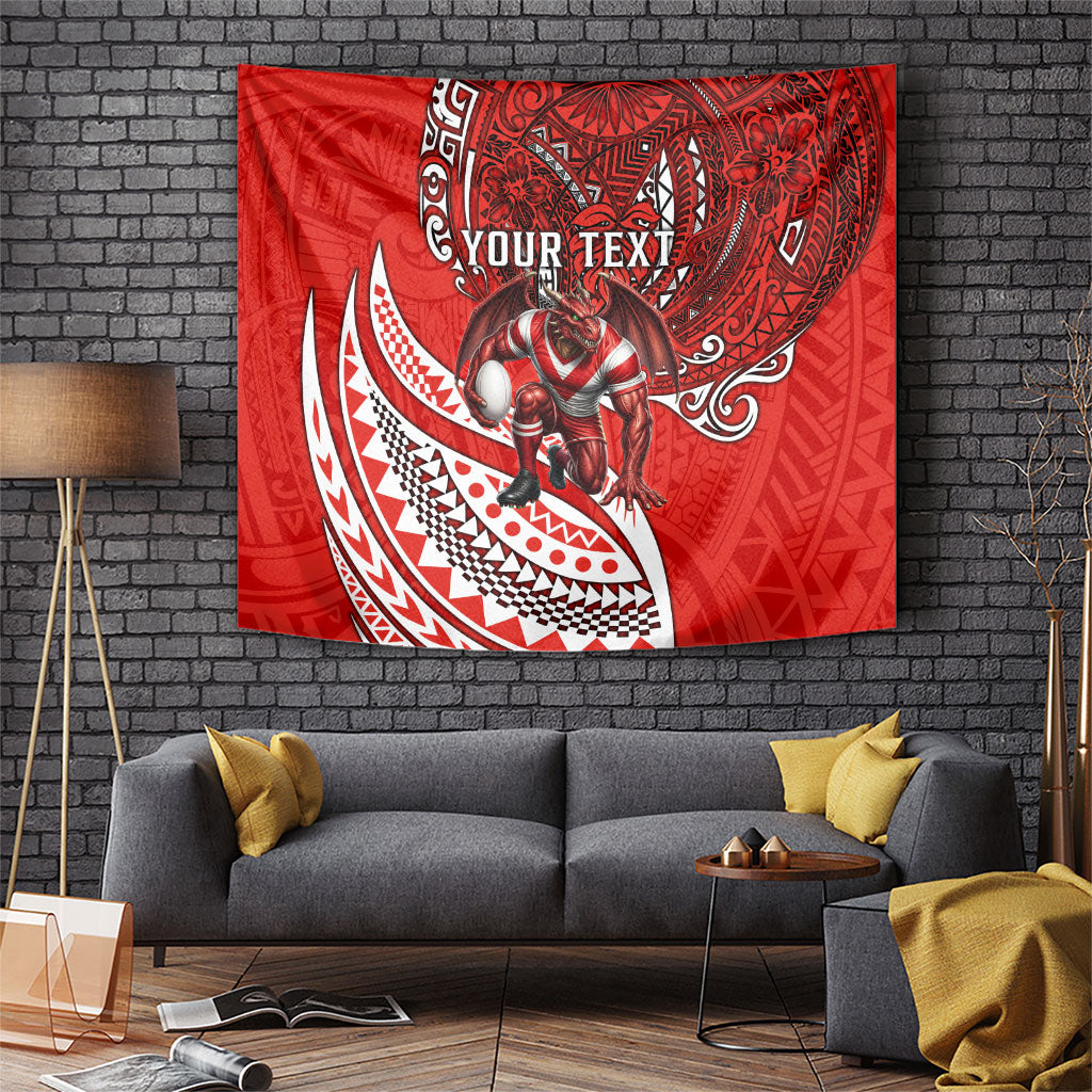 Personalised St George Illawarra Dragons Tapestry Polynesian Tribal Art Style With Fierce Red Dragon Mascot