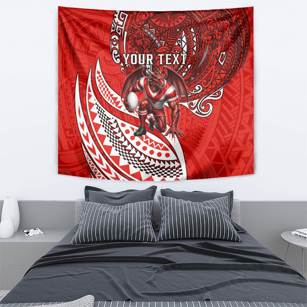 Personalised St George Illawarra Dragons Tapestry Polynesian Tribal Art Style With Fierce Red Dragon Mascot