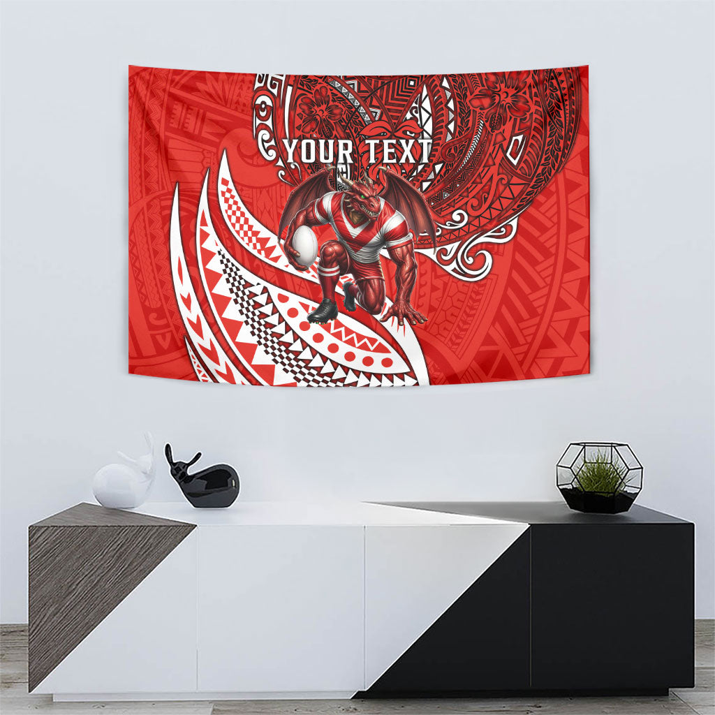 Personalised St George Illawarra Dragons Tapestry Polynesian Tribal Art Style With Fierce Red Dragon Mascot