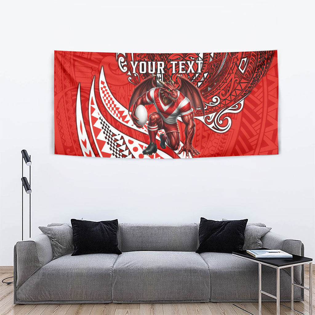 Personalised St George Illawarra Dragons Tapestry Polynesian Tribal Art Style With Fierce Red Dragon Mascot