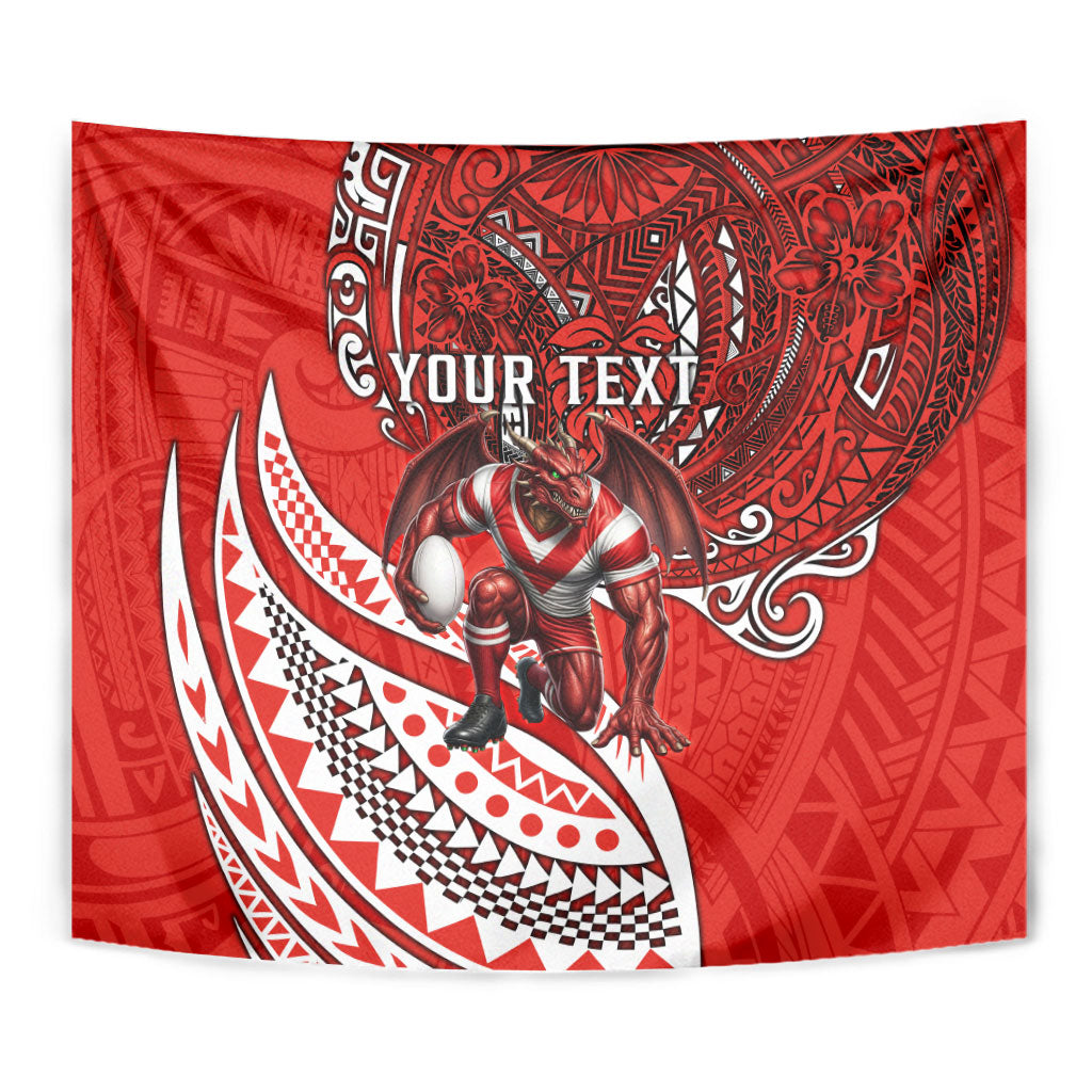 Personalised St George Illawarra Dragons Tapestry Polynesian Tribal Art Style With Fierce Red Dragon Mascot