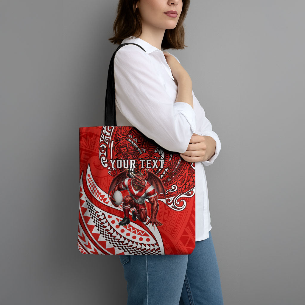 Personalised St George Illawarra Dragons Tote Bag Polynesian Tribal Art Style With Fierce Red Dragon Mascot