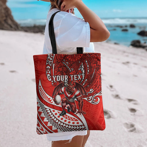 Personalised St George Illawarra Dragons Tote Bag Polynesian Tribal Art Style With Fierce Red Dragon Mascot