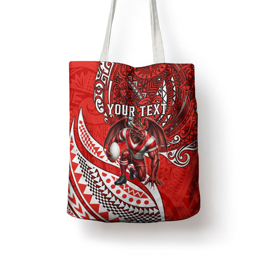 Personalised St George Illawarra Dragons Tote Bag Polynesian Tribal Art Style With Fierce Red Dragon Mascot