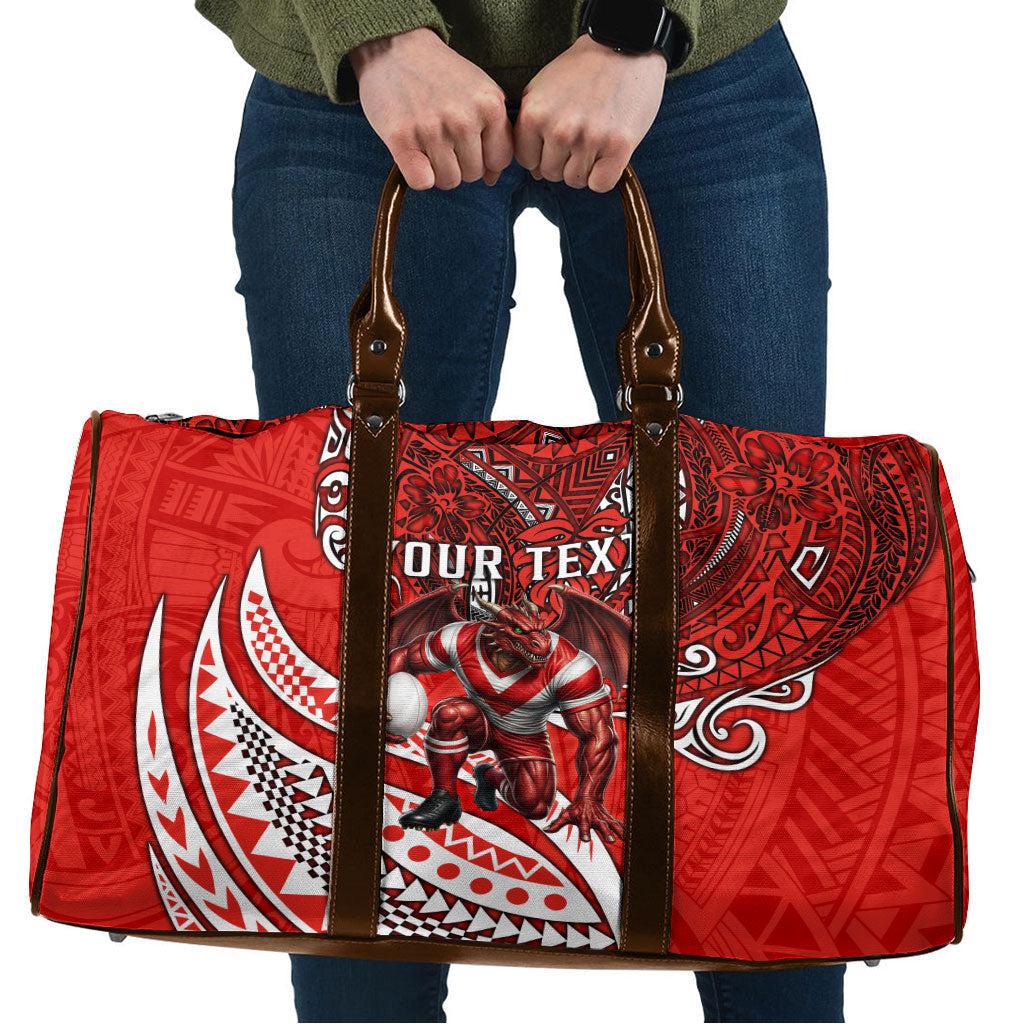 Personalised St George Illawarra Dragons Travel Bag Polynesian Tribal Art Style With Fierce Red Dragon Mascot