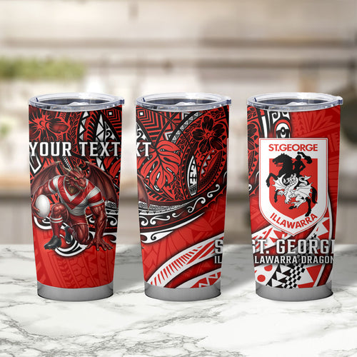 Personalised St George Illawarra Dragons Tumbler Cup Polynesian Tribal Art Style With Fierce Red Dragon Mascot