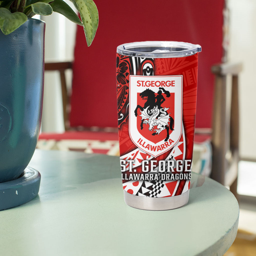 Personalised St George Illawarra Dragons Tumbler Cup Polynesian Tribal Art Style With Fierce Red Dragon Mascot