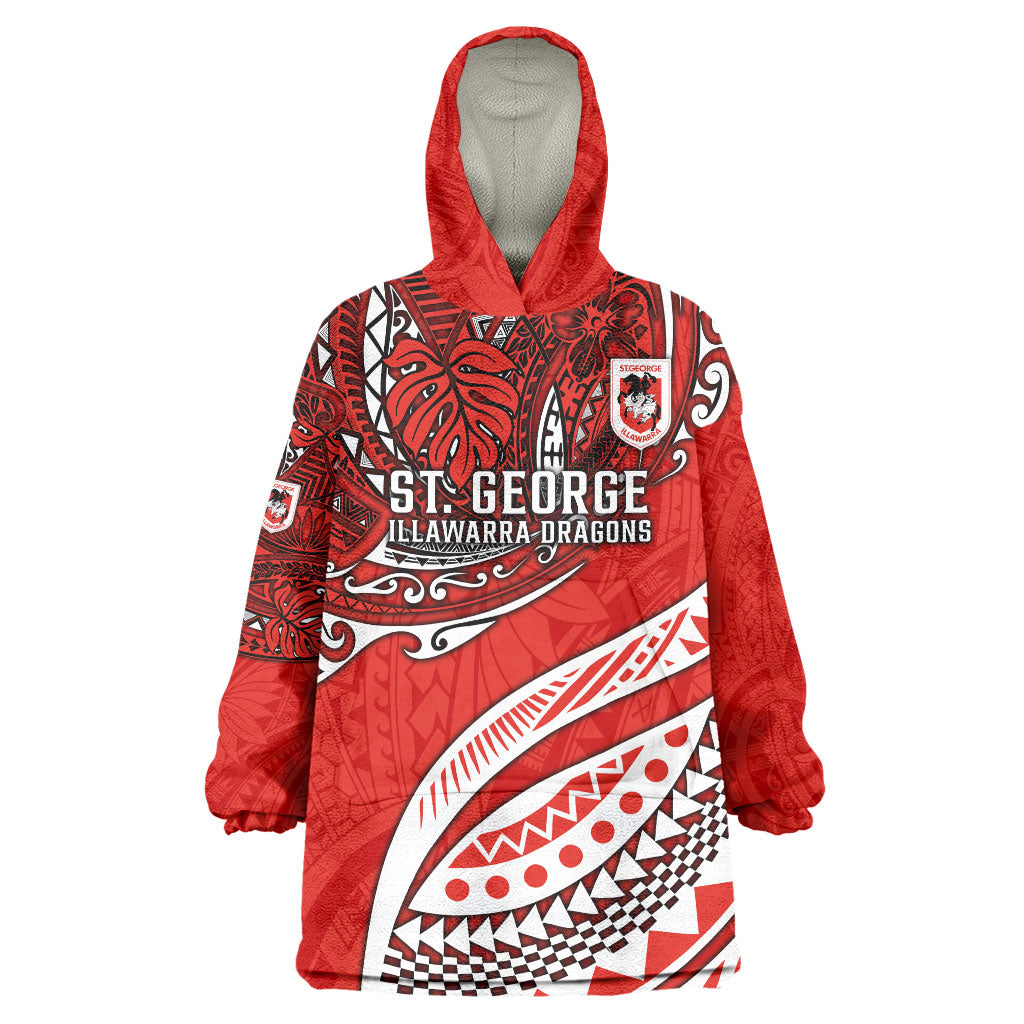 Personalised St George Illawarra Dragons Wearable Blanket Hoodie Polynesian Tribal Art Style With Fierce Red Dragon Mascot