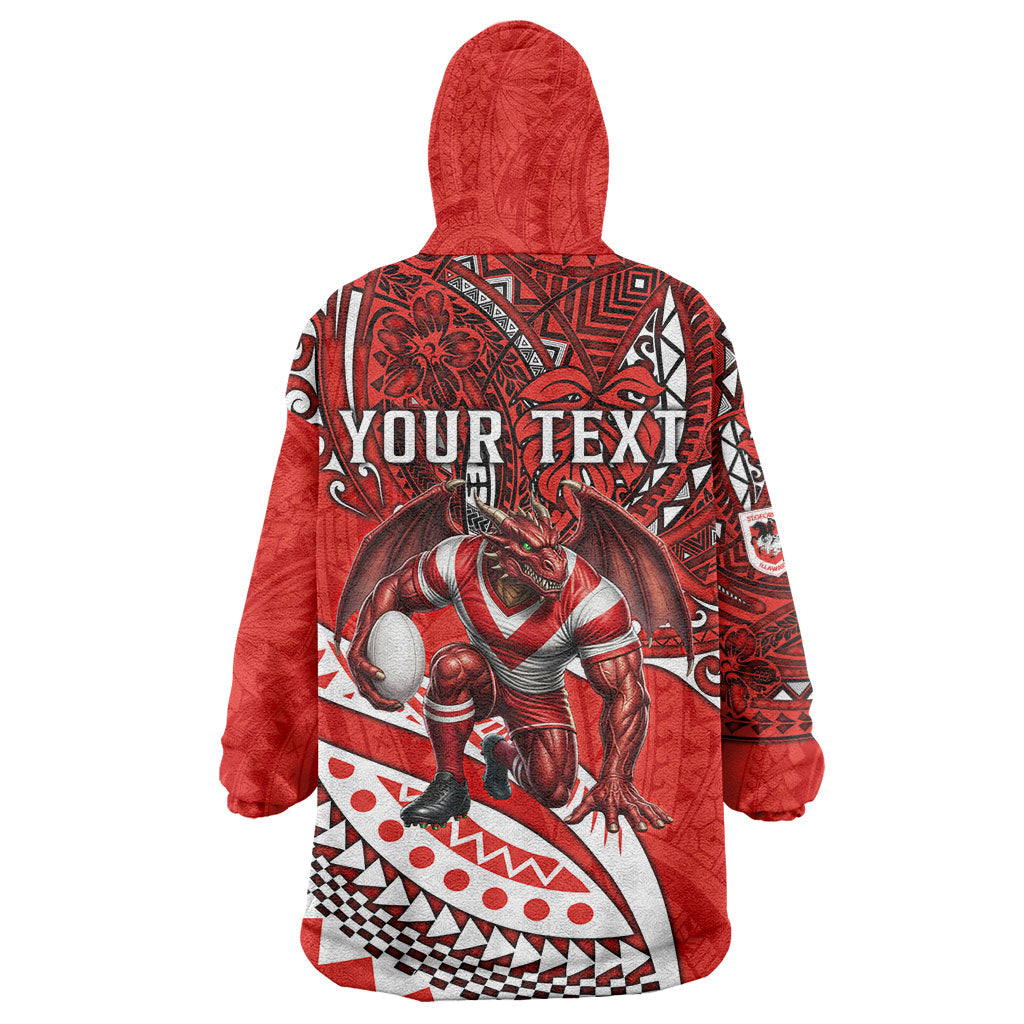 Personalised St George Illawarra Dragons Wearable Blanket Hoodie Polynesian Tribal Art Style With Fierce Red Dragon Mascot