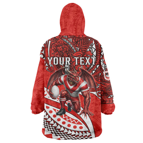 Personalised St George Illawarra Dragons Wearable Blanket Hoodie Polynesian Tribal Art Style With Fierce Red Dragon Mascot