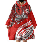 Personalised St George Illawarra Dragons Wearable Blanket Hoodie Polynesian Tribal Art Style With Fierce Red Dragon Mascot