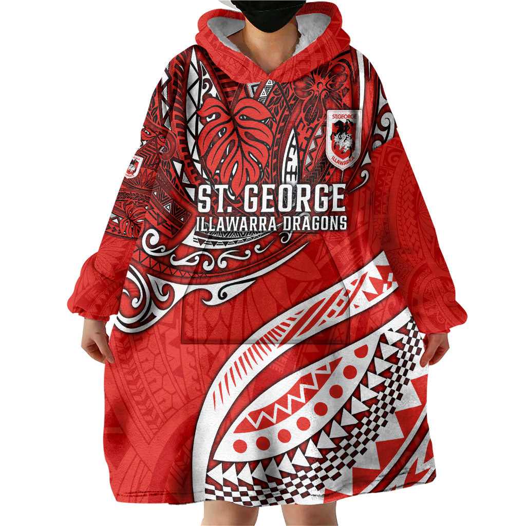 Personalised St George Illawarra Dragons Wearable Blanket Hoodie Polynesian Tribal Art Style With Fierce Red Dragon Mascot