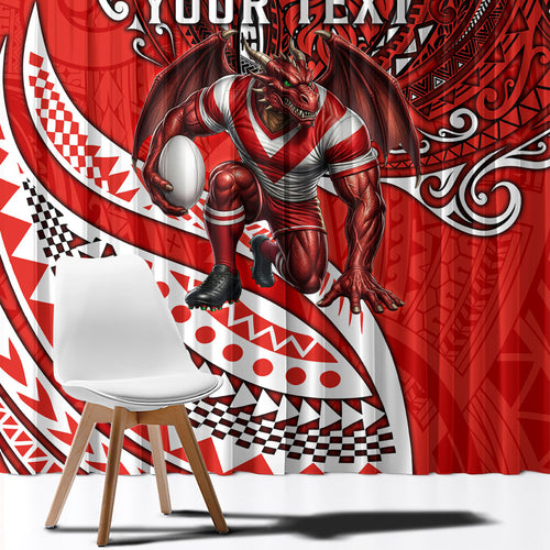 Personalised St George Illawarra Dragons Window Curtain Polynesian Tribal Art Style With Fierce Red Dragon Mascot
