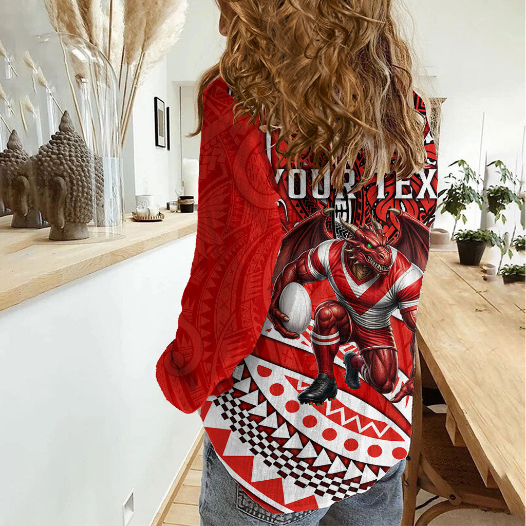 Personalised St George Illawarra Dragons Women Casual Shirt Polynesian Tribal Art Style With Fierce Red Dragon Mascot
