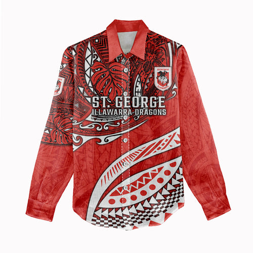 Personalised St George Illawarra Dragons Women Casual Shirt Polynesian Tribal Art Style With Fierce Red Dragon Mascot