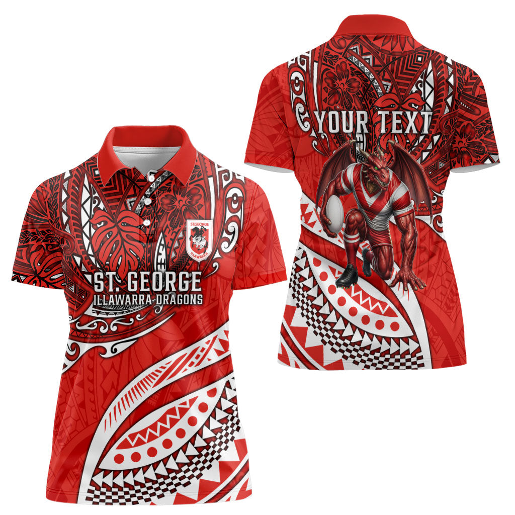 Personalised St George Illawarra Dragons Women Polo Shirt Polynesian Tribal Art Style With Fierce Red Dragon Mascot