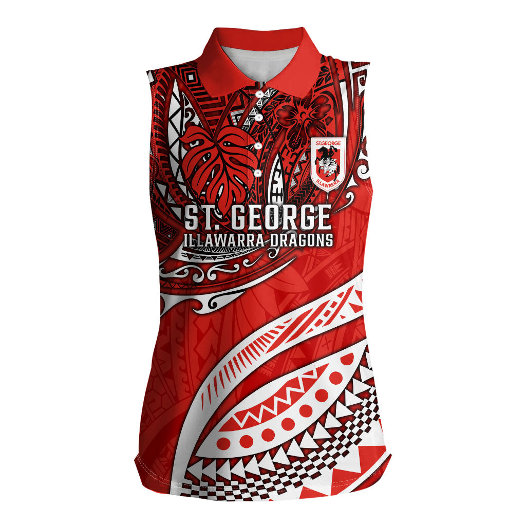 Personalised St George Illawarra Dragons Women Sleeveless Polo Shirt Polynesian Tribal Art Style With Fierce Red Dragon Mascot